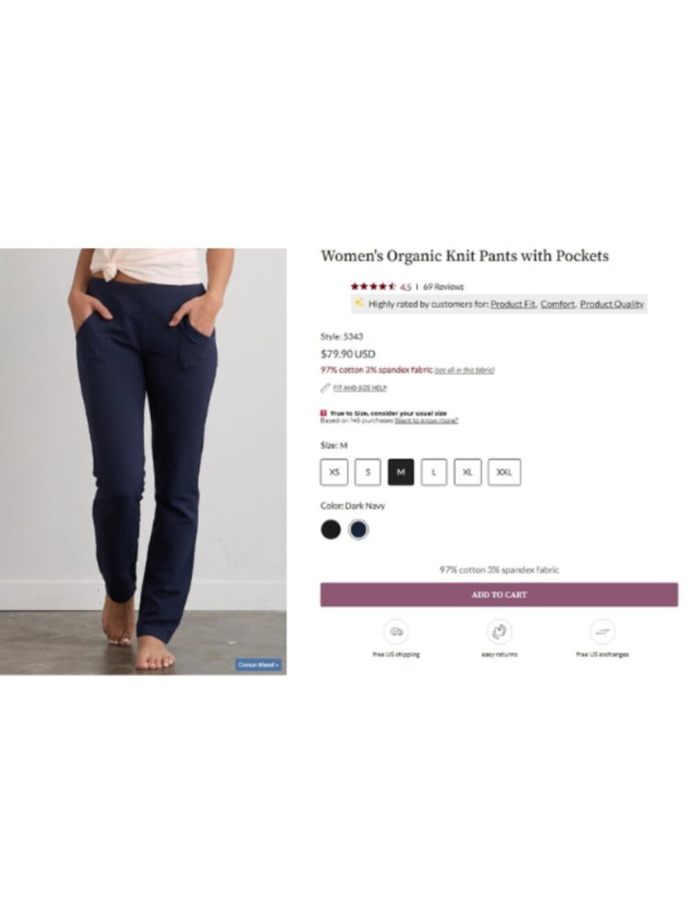 Fair Indigo Women's Organic Knit Pants with Pockets Navy Blue M 28x31